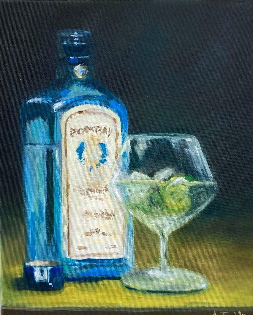 Gin & Tonic — Ulei pe pânză · 25 × 30 cm · 2023